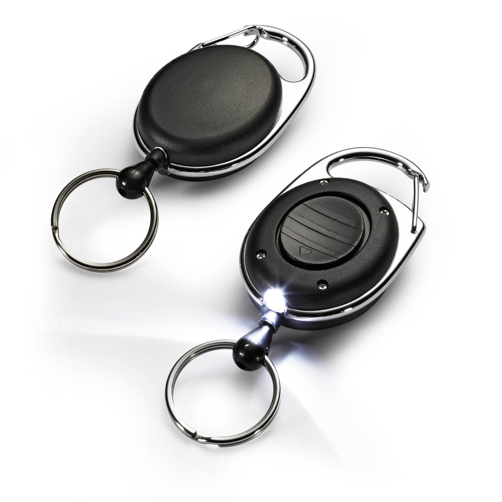 Durable LED Retractable Badge or Key Reel with Keyring & Carabiner Clip | 80 cm Cord | Black | Torch Light Battery Included