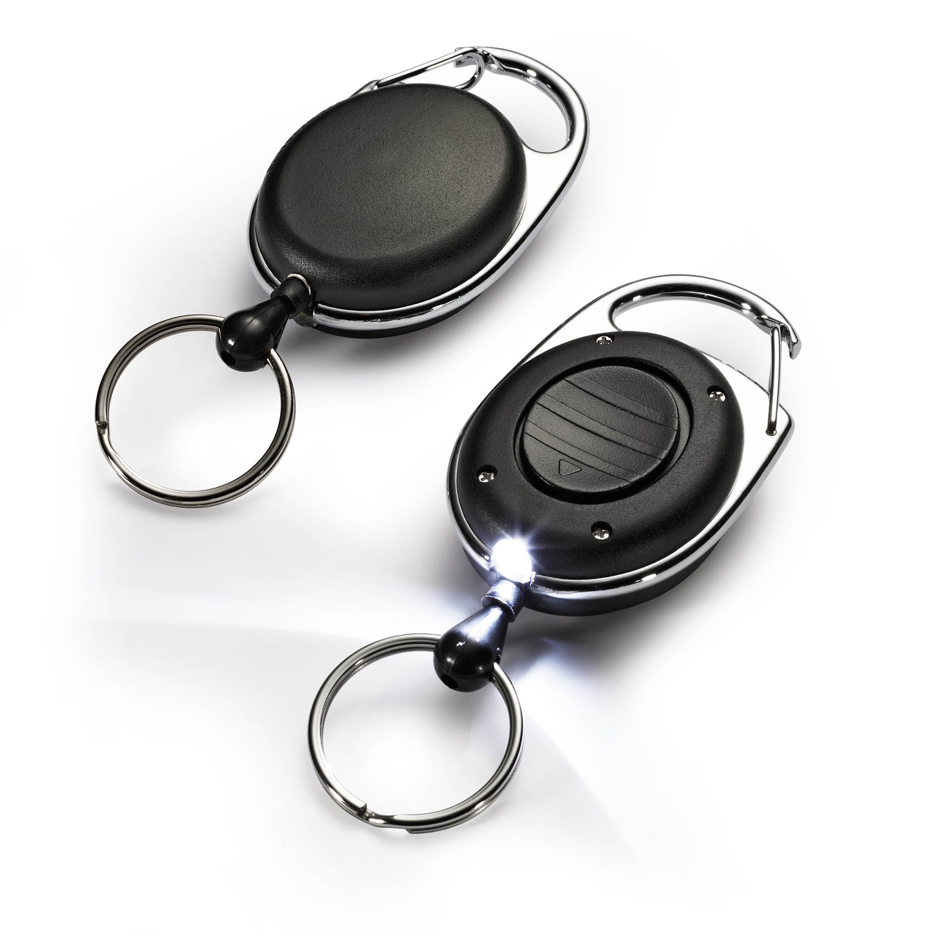 Durable LED Retractable Badge or Key Reel with Keyring & Carabiner Clip | 80 cm Cord | Black | Torch Light Battery Included