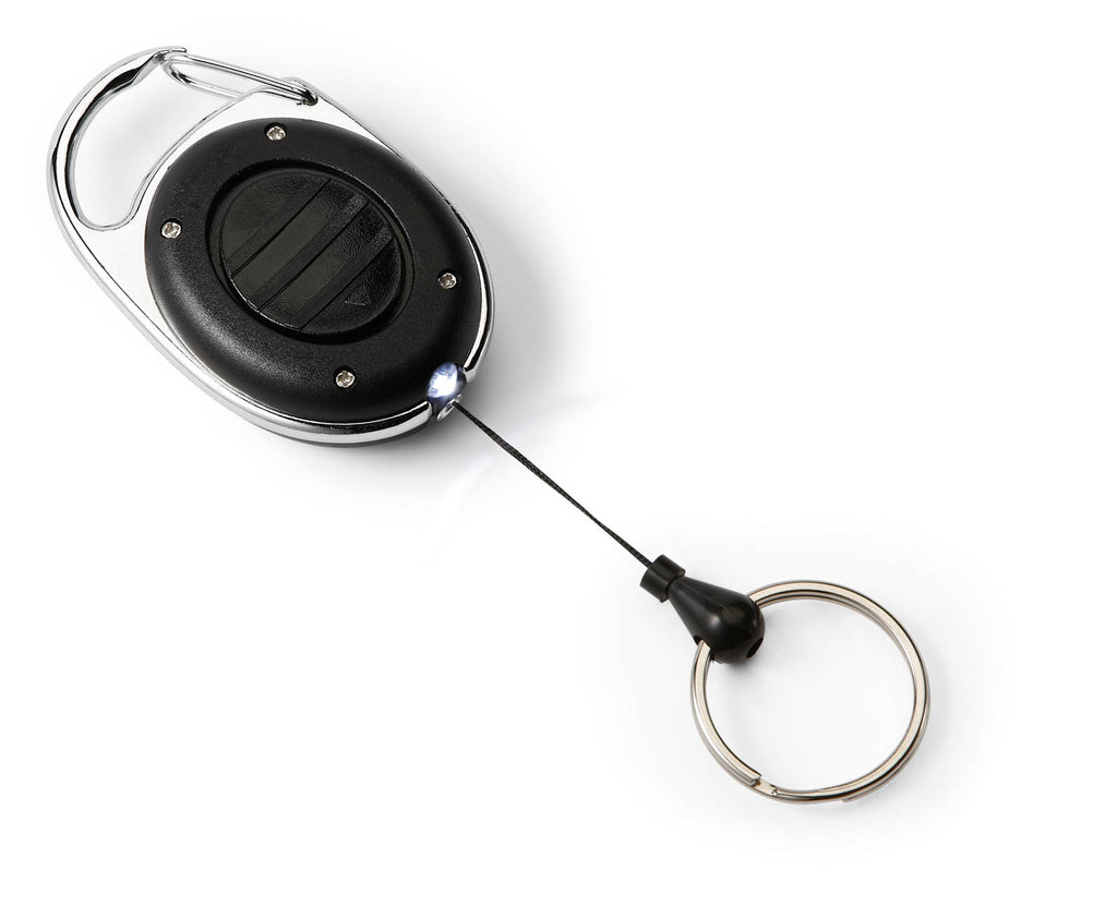 Durable LED Retractable Badge or Key Reel with Keyring & Carabiner Clip | 80 cm Cord | Black | Torch Light Battery Included