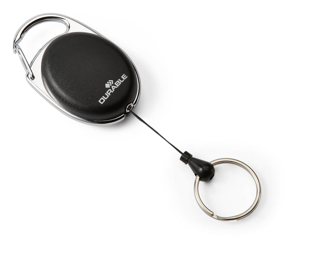 Durable LED Retractable Badge or Key Reel with Keyring & Carabiner Clip | 80 cm Cord | Black | Torch Light Battery Included