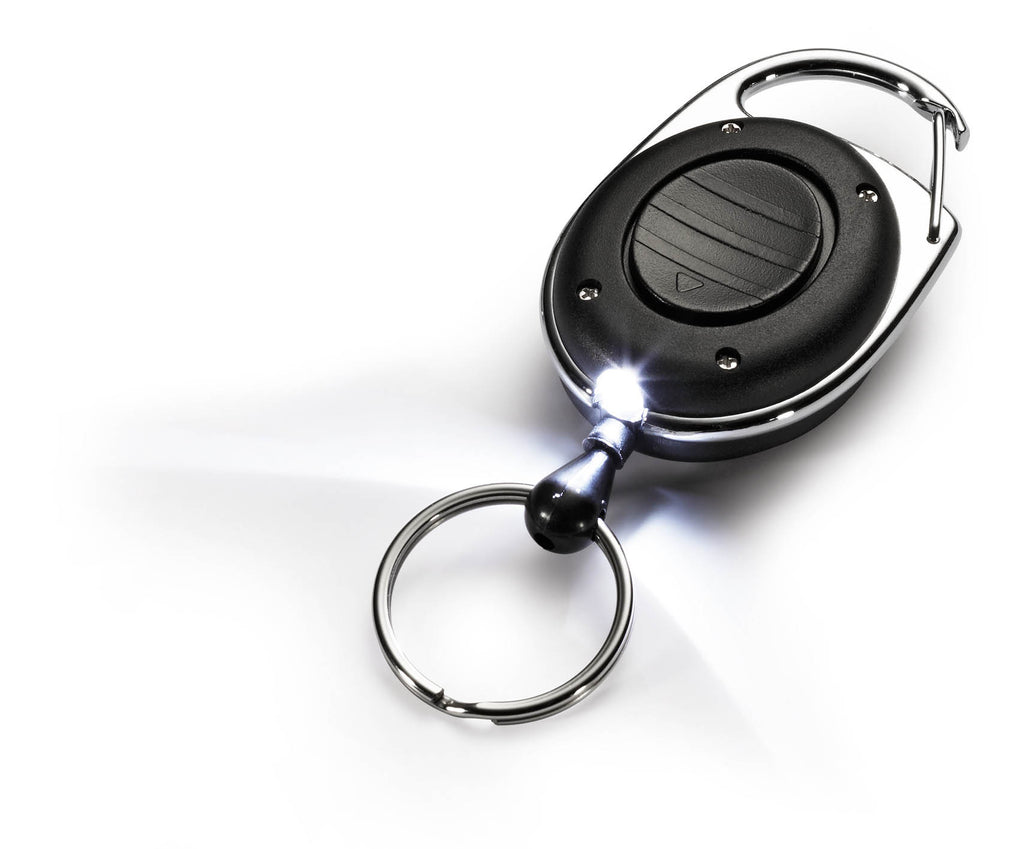 Durable LED Retractable Badge or Key Reel with Keyring & Carabiner Clip | 80 cm Cord | Black | Torch Light Battery Included
